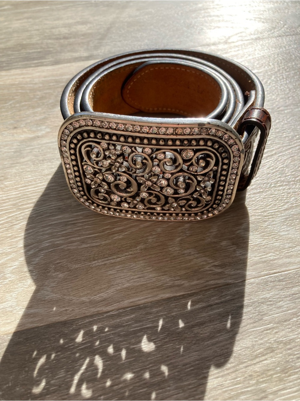 Ariat Brown Leather Belt with Ornate Silver-Tone Filigree Buckle